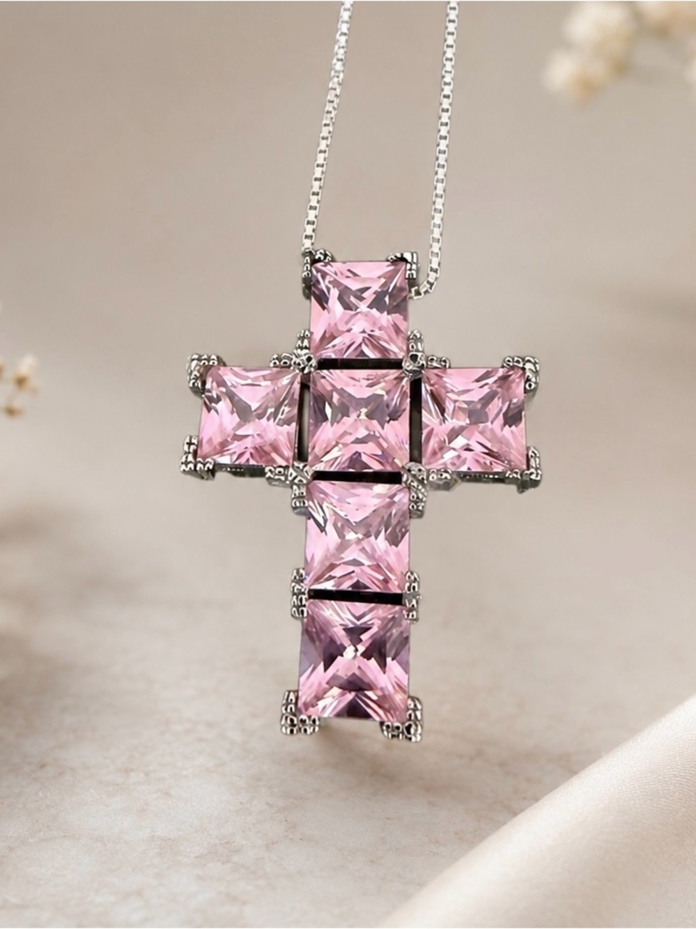 Sterling Silver Cross Semi Precious Pink Gemstones PRETTY